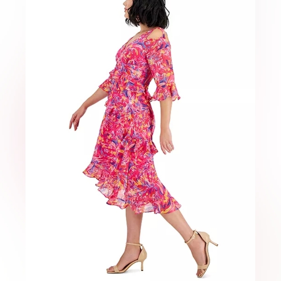 Tahari ASL Pink Printed Cold-Shoulder Asymmetric-Ruffle Dress NWT - Picture 3 of 16
